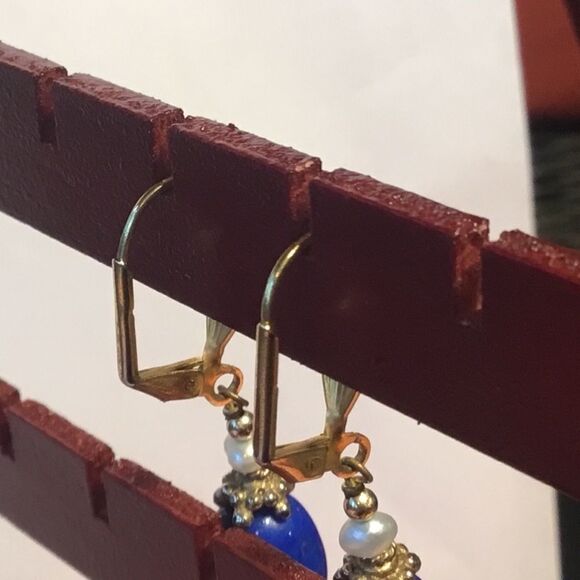 Goldtone and Lapis Leverback Earrings - Picture 4 of 5